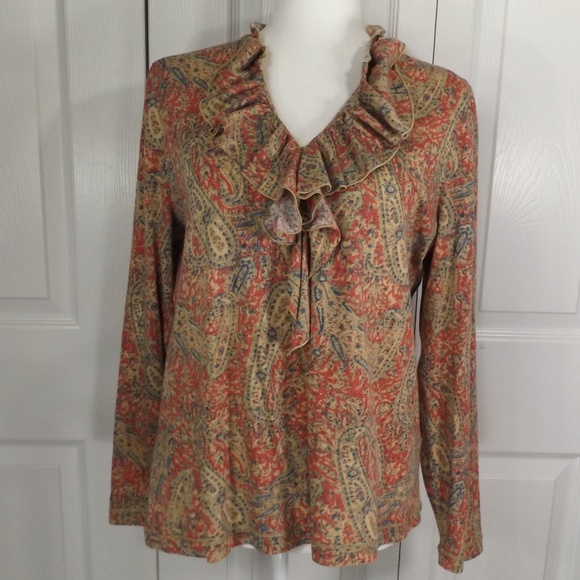 LRL Lauren Jeans Co Tops - Lauren Jeans Co Paisley Top W Ruffles on V-Neck L